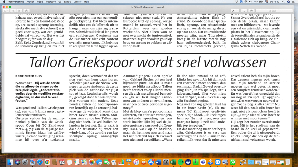 Publicatie: tennisser Tallon Griekspoor